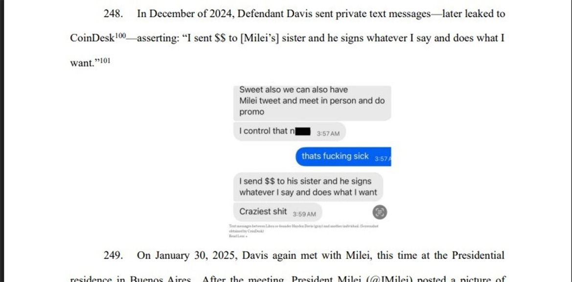El documento que figura en la justicia de Nueva York y menciona el nexo con Karina Milei vía un mensaje de texto.