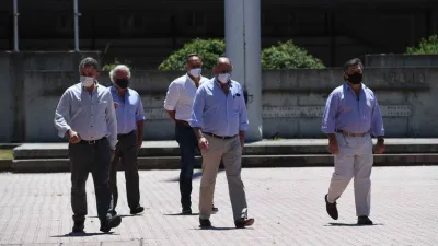 Achetoni, Chemes y Pelegrina, los tres dirigentes que participaron en la conferencia de prensa en la SRA, en Palermo